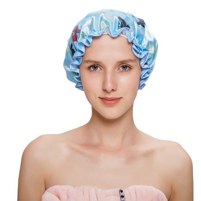 Simple Fashion Design Waterproof Multifunctional Satin  Butterfly Print Shower Cap