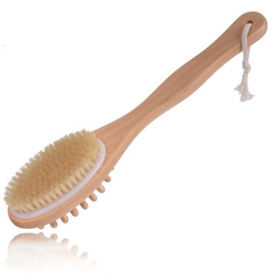 Double side long handle wood massage scrubber bath brush